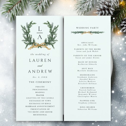 Gold Bow & Green Garland Wedding Ceremony Mint Programmakaart