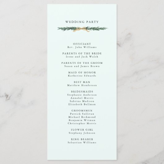 Gold Bow & Green Garland Wedding Ceremony Mint Programmakaart (Achterkant)