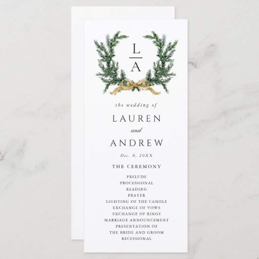 Gold Bow & Green Garland Wedding Ceremony Program Programmakaart (Voorkant / Achterkant)