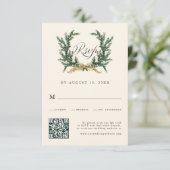 Gold Bow & Green Pine Wreath Wedding QR Code Ivory RSVP Kaartje (Staand voorkant)