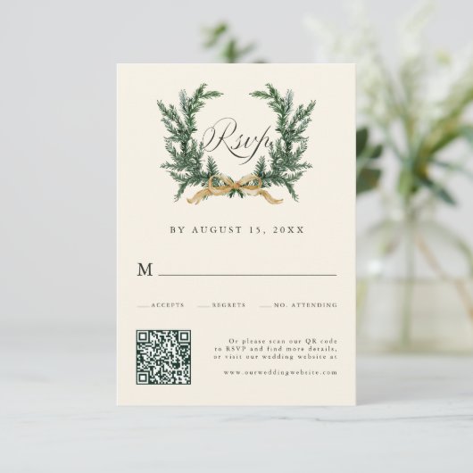 Gold Bow & Green Pine Wreath Wedding QR Code Ivory RSVP Kaartje (Staand voorkant)