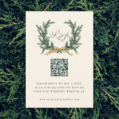 Gold Bow & Green Pine Wreath Wedding QR Code Ivory RSVP Kaartje
