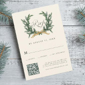 Gold Bow & Green Pine Wreath Wedding QR Code Ivory RSVP Kaartje