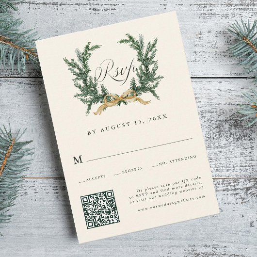 Gold Bow & Green Pine Wreath Wedding QR Code Ivory RSVP Kaartje