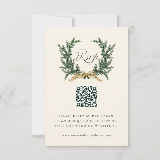 Gold Bow & Green Pine Wreath Wedding QR Code Ivory RSVP Kaartje (Voorkant)