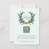 Gold Bow & Green Pine Wreath Wedding QR Code Mint RSVP Kaartje (Voorkant)