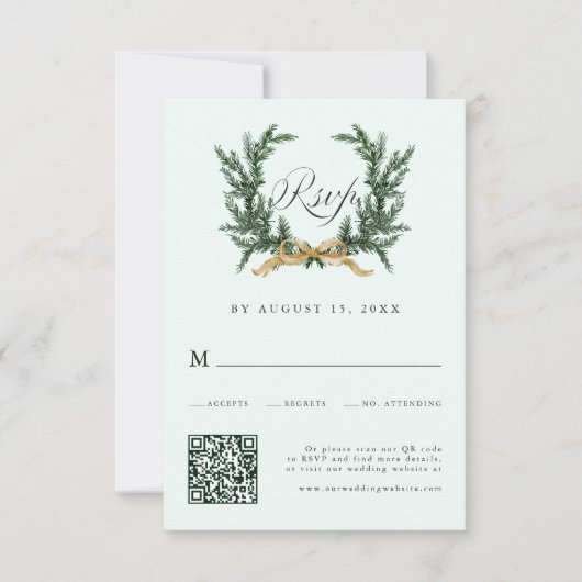 Gold Bow & Green Pine Wreath Wedding QR Code Mint RSVP Kaartje (Voorkant)