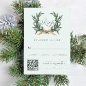 Gold Bow & Green Pine Wreath Wedding QR Code Mint RSVP Kaartje