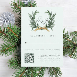 Gold Bow & Green Pine Wreath Wedding QR Code Mint RSVP Kaartje