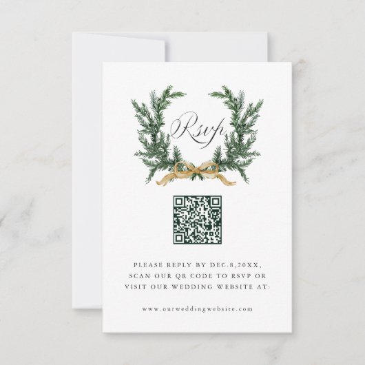 Gold Bow & Green Pine Wreath Wedding QR Code RSVP Kaartje (Voorkant)