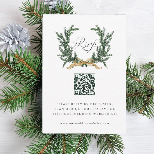 Gold Bow & Green Pine Wreath Wedding QR Code RSVP Kaartje