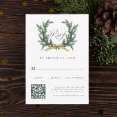 Gold Bow & Green Pine Wreath Wedding QR Code RSVP Kaartje