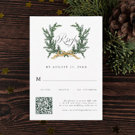 Gold Bow & Green Pine Wreath Wedding QR Code RSVP Kaartje