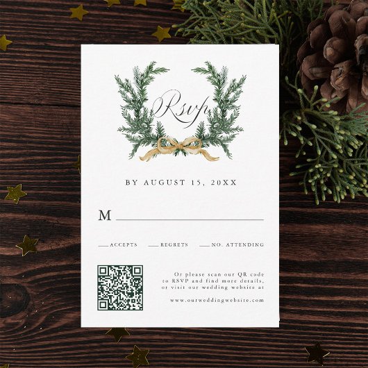 Gold Bow & Green Pine Wreath Wedding QR Code RSVP Kaartje