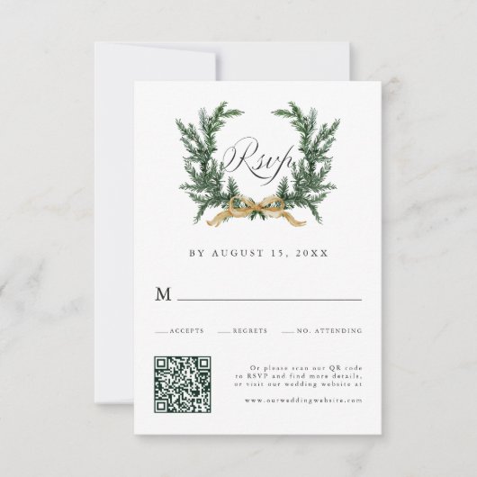 Gold Bow & Green Pine Wreath Wedding QR Code RSVP Kaartje (Voorkant)