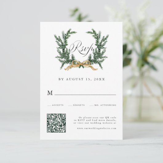 Gold Bow & Green Pine Wreath Wedding QR Code RSVP Kaartje (Staand voorkant)