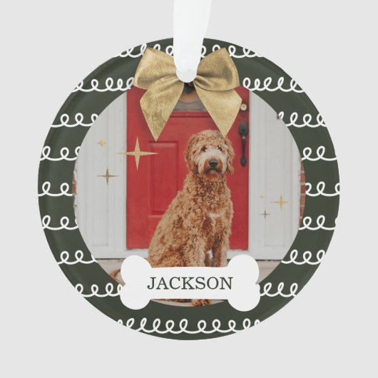 Gold Bow Green White Swirl Pattern Dog Bone Photo Ornament (voorkant)