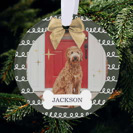 Gold Bow Green White Swirl Pattern Dog Bone Photo Ornament