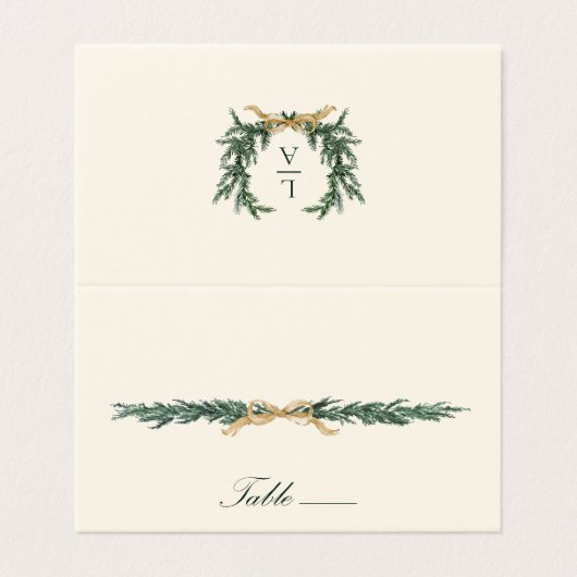 Gold Bow & Greenery Border Ivory Place Card Kaart (Buitenkant ongevouwen)