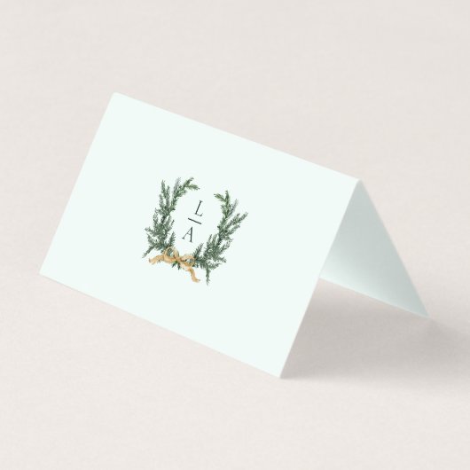 Gold Bow & Greenery Border Mint Wedding Place Card Kaart (Achterkant)
