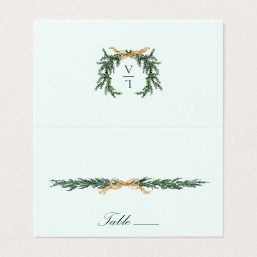 Gold Bow & Greenery Border Mint Wedding Place Card Kaart (Buitenkant ongevouwen)