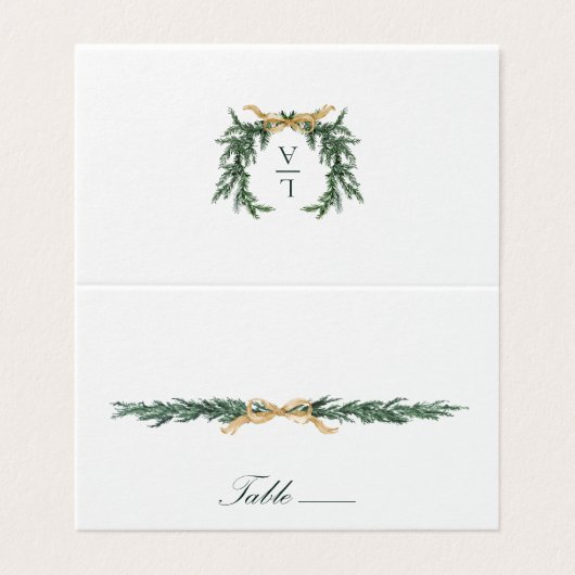Gold Bow & Greenery Border Wedding Place Card Kaart (Buitenkant ongevouwen)