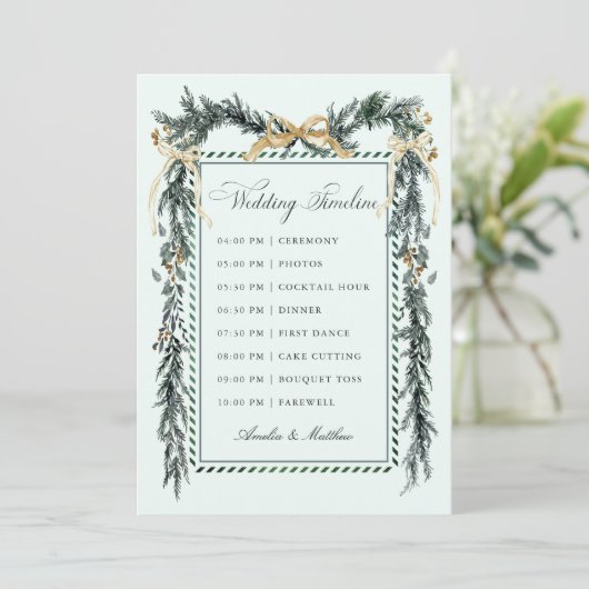Gold Bow & Greenery Garland Wedding Timeline Mint Programmakaart (Staand voorkant)