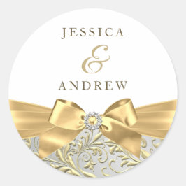 Gold Bow Leaf White Wedding Verloving Jubileum Ronde Sticker