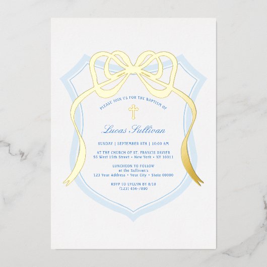 Gold Bow Light Blue Crest doop Folie Uitnodiging (Voorkant)