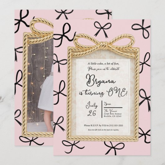 Gold Bow Lijst Little Black Bows Roze 1e verjaarda Kaart (Voorkant / Achterkant)