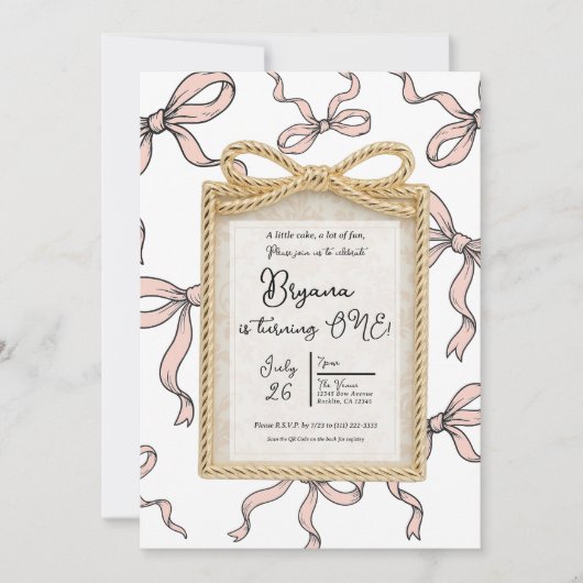 Gold Bow Lijst Pink Ribbon Bow 1st Birthday Kaart (Voorkant)