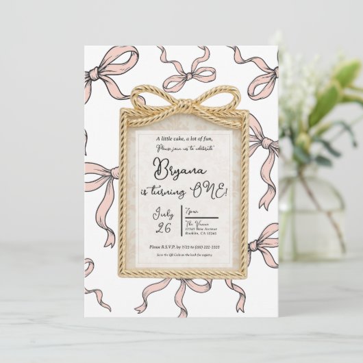 Gold Bow Lijst Pink Ribbon Bow 1st Birthday Kaart (Staand voorkant)