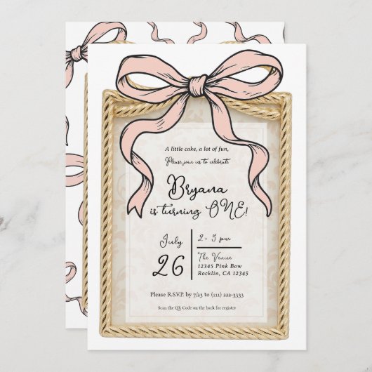 Gold Bow Lijst Pink Ribbon Bow 1st Birthday Kaart (Voorkant / Achterkant)