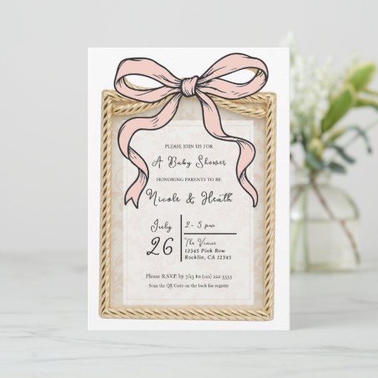 Gold Bow Lijst Pink Ribbon Bow Baby shower Kaart (Staand voorkant)