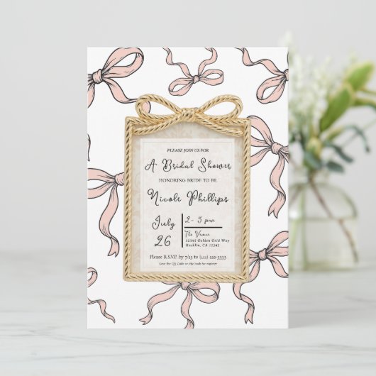 Gold Bow Lijst Pink Ribbon Bow Vrijgezellenfeest Kaart (Staand voorkant)