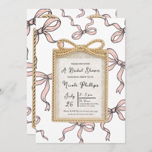 Gold Bow Lijst Pink Ribbon Bow Vrijgezellenfeest Kaart (Voorkant / Achterkant)