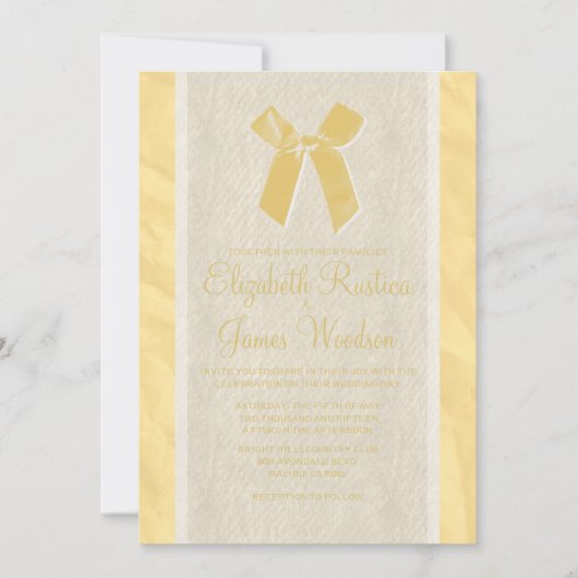 Gold  Bow & Linen Wedding Invitations Kaart (Voorkant)
