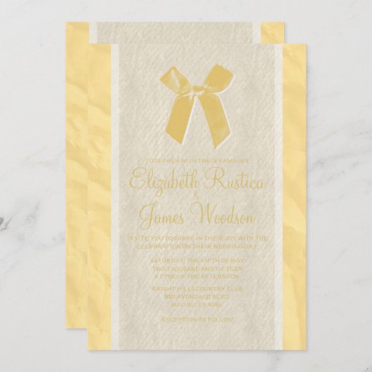 Gold  Bow & Linen Wedding Invitations Kaart (Voorkant / Achterkant)