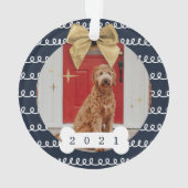 Gold Bow Navy & White Swirl Pattern Dog Bone Foto Ornament (achterkant)