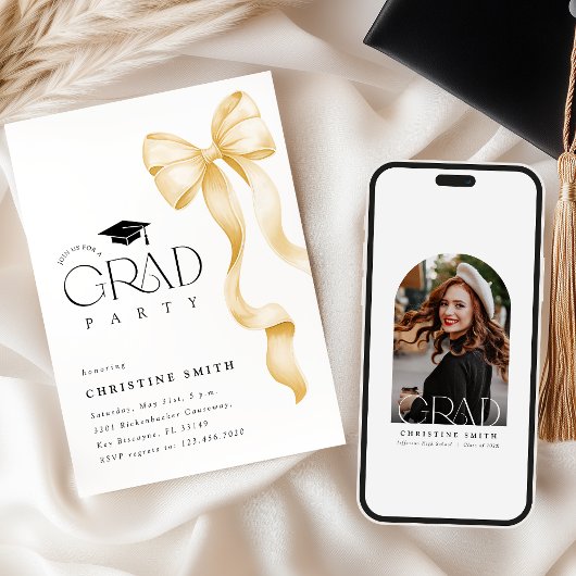 Gold Bow Photo Graduation Party Invitation Kaart