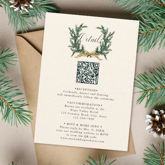 Gold Bow & Pine Wreath Wedding Details Ivory Informatiekaartje