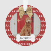 Gold Bow Red & White Swirl Pattern Dog Bone Foto Ornament (voorkant)