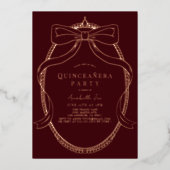 Gold Bow Ribbon Tiara Lijst Bourgogne Quinceañera Folie Uitnodiging (Voorkant)