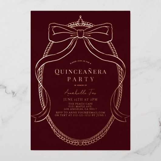 Gold Bow Ribbon Tiara Lijst Bourgogne Quinceañera Folie Uitnodiging (Voorkant)