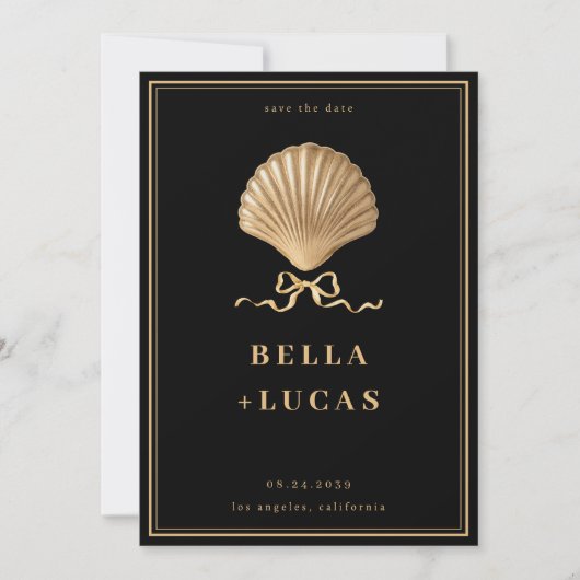 Gold Bow Seashell Luxe Kustbruiloft Save The Date (Voorkant)