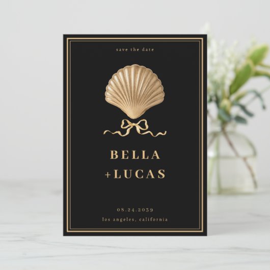 Gold Bow Seashell Luxe Kustbruiloft Save The Date (Staand voorkant)