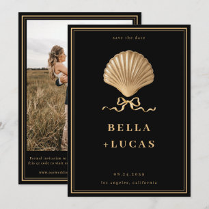 Gold Bow Seashell Luxe Kustbruiloft Save The Date