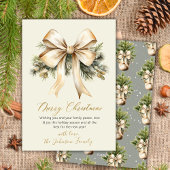 Gold Bow Watercolor Christmas Foliage Beige  Feestdagenkaart