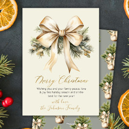Gold Bow Watercolor Christmas Foliage Beige Feestdagenkaart