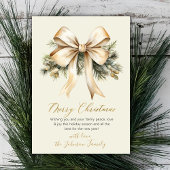 Gold Bow Watercolor Christmas Foliage Beige Feestdagenkaart